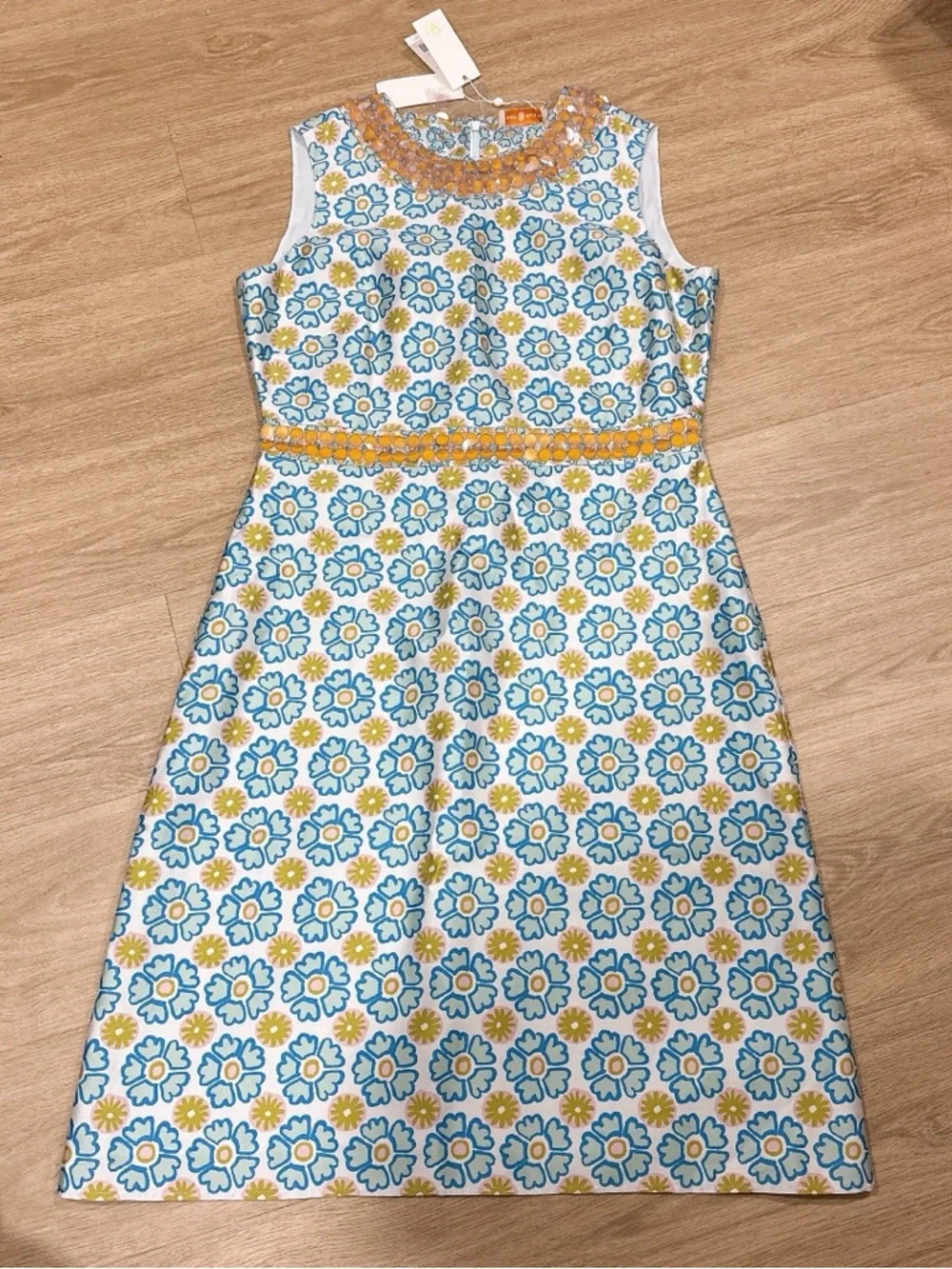 Tory Burch Blue Floral Midi Dress with Yellow Accents